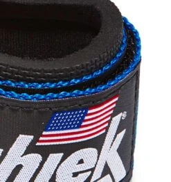 Schiek 1/4" Ultimate Wrist Supports -Fitness Supplies Store 1100 Schiek Wrist Supports Straps Blue Logo Close Up