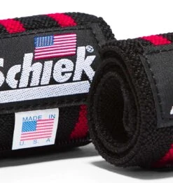 Schiek 12" Wrist Wraps - Black/Red -Fitness Supplies Store 1112B Schiek Wrist Wraps Straps Black 12 inch Pair Close Up