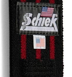 Schiek 24" Wrist Wraps - Black/Red -Fitness Supplies Store 1124B Schiek Wrist Wraps Straps Black 24 inch Material Close Up