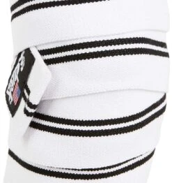 Schiek 78" Knee Wraps - White/Black -Fitness Supplies Store 1178KWW Schiek Knee Wraps White Front Close Up