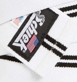 Schiek 78" Knee Wraps - White/Black -Fitness Supplies Store 1178KWW Schiek Knee Wraps White Side Extreme Close Up